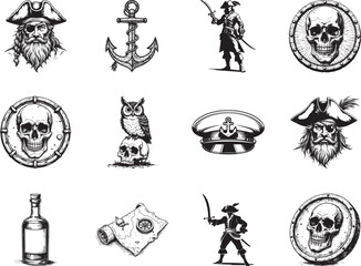 Obraz premium Pirate Icons: A collection of intricately illustrated pirate-themed icons, showcasing the spirit of adventure and treasure with symbolic imagery.