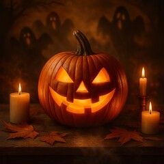 A vibrant Jack-o'-lantern and candles in the fog for Halloween. An atmospheric autumnal composition with mysterious ghostly shadows.