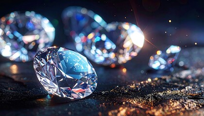 Scattered Diamonds on Dark Textured Surface with Shimmering Light and Sparkling Dust Elegant Gemstones Arrangement Glittering Particles and Reflected Hues