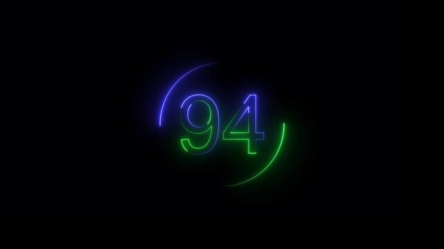 Glowing Neon 94 Countdown Timer Icon. Cyber Neon 94 Progress Number Bright glowing Energy Light Effect on black background.