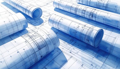 Scattered Architectural Blueprints Detailed Layout on White Surface with Soft Lighting and Rolled Documents for Conceptual Design Visualization