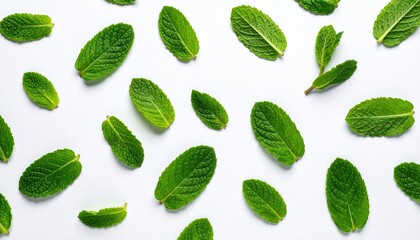 Scattered Green Mint Leaves on Clean White Surface for Minimalist Freshness Illustration, Natural Herb Ingredient, Healthy Lifestyle, Neutral Backdrop
