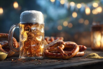 Close-up of frothy beer mugs, fresh pretzels, and grilled sausages on a rustic wooden table, perfect for Oktoberfest food and drink advertising