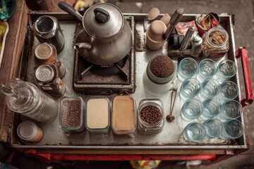 Street Vendor's Coffee Cart with Utensils and Supplies