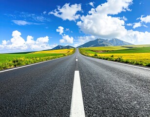 Scenic Asphalt Road Through Yellow Field Leading to Mountain Against Sky