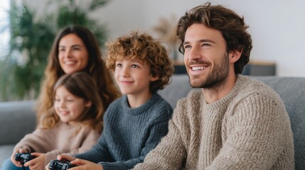 Fototapeta premium Happy family playing console game together on cozy living room sofa with warm natural light