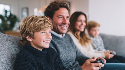 Obraz premium Happy family playing console game together on cozy living room sofa with warm natural light