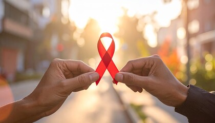 Close-up of diverse human hands gently holding a red awareness ribbon. Symbol of solidarity, prevention, and healthcare support for World AIDS Day.