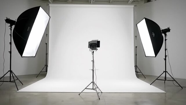 Professional Photography Studio Setup with Lighting - A pristine white backdrop is illuminated by two softbox lights on tripods, creating even lighting ideal for commercial product photography.
