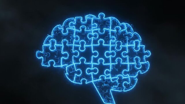 Strategic Innovation: Puzzle Pieces Forming a Brain - Glowing blue puzzle pieces assemble into the shape of a brain, symbolizing strategic thinking, problem-solving, and innovative ideas coming