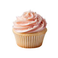 cupcake with light pink swirled frosting and pearl sprinkles isolated on a transparent background, in a PNG format