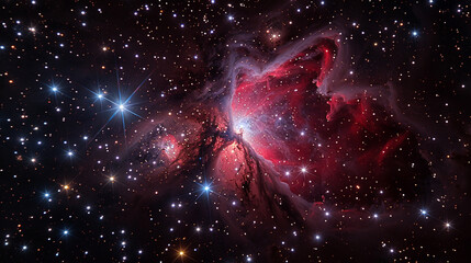 High-resolution astrophotography-style image of a vivid red nebula with a bright central star and subtle blue accents, surrounded by fine cosmic dust details against deep black space