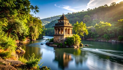 Pagoda on Small Island in River Surrounded by Lush Greenery