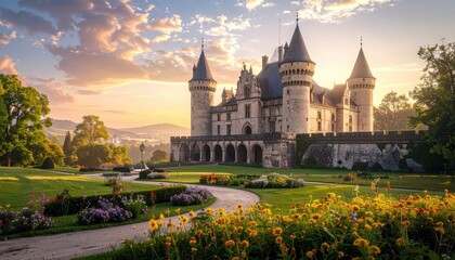 Scenic Castle Overlooking Beautiful Landscape at Sunset with Garden Path Flowers and Lush Greenery in Warm Golden Light