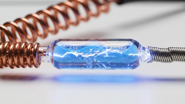 Electric Current in Glass Tube - Close-up view of an electric current flowing through a glass tube filled with a blue liquid, connected to copper coils.