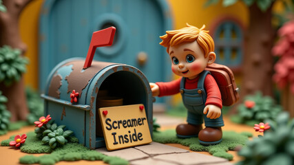 Boy checking spooky mailbox with Screams Inside note on Halloween front yard
