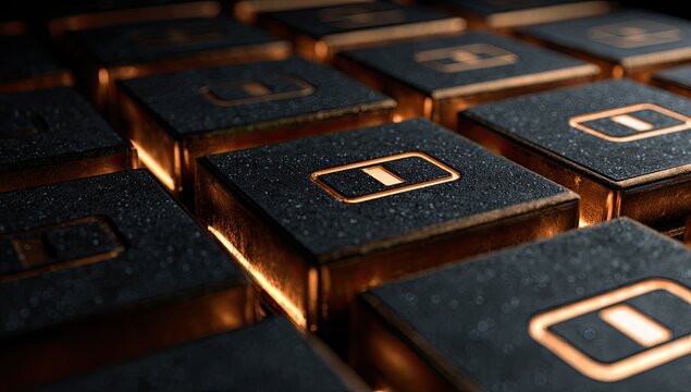 Close-up of a grid of dark metallic cubes.  Each cube has a golden/bronze rectangular symbol.  Warm golden light illuminates the cubes