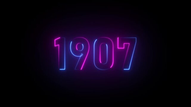Neon sign displaying the year 1907 in pink and blue glowing lights on a black background number