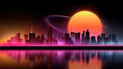Futuristic city skyline illuminated by neon lights and a radiant sun, showcasing vibrant colors and glowing lines in a retro wave style