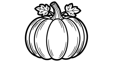 Black and white line art illustration of a pumpkin with stem and leaves.