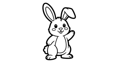A cartoon rabbit standing and waving with a cheerful expression, outlined in black on a white background.