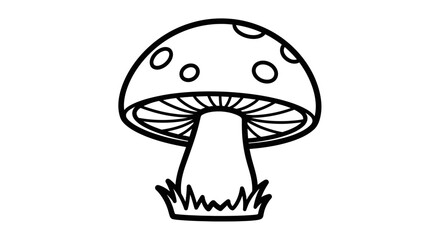 Simple black and white line drawing of a mushroom with spots on its cap.