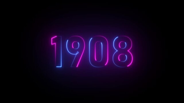 Neon sign displaying the year 1908 in pink and blue glowing lights on a black background number