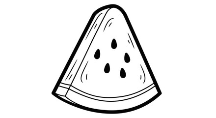 A black and white line drawing of a watermelon slice with seeds.
