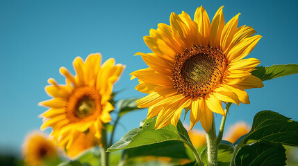 Fototapeta premium Two bright yellow sunflowers with crisp petals and green stems set against a deep blue summer sky, upward angle adding dynamic composition, with open space above for text