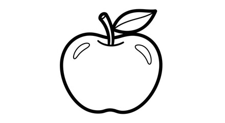 Fresh Apple with Stem and Leaf Outline Drawing on Isolated White Background, Healthy Fruit for Kids Coloring Book.