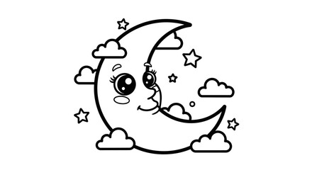 Smiling Cartoon Moon with Stars and Clouds Outline Drawing on Isolated White Background, Dreamy Night Sky Element for Kids Coloring Book.