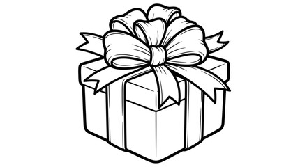 Festive Gift Box with a Bow Outline Drawing on Isolated White Background, Celebration Present for Kids Coloring Book.
