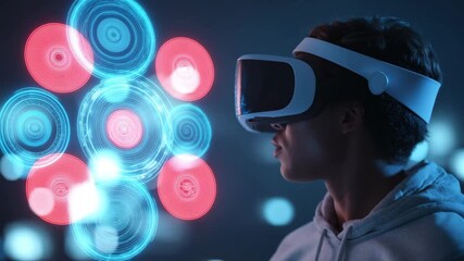 Man using VR headset with hologram digital interface in virtual reality - Powered by Adobe