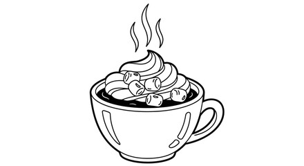 A stylized illustration of a hot chocolate drink with whipped cream and marshmallows.
