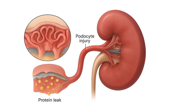 3D rendering of kidney cross-section showing damaged glomerular filtration barrier, podocyte injury, and protein leakage into urine, medical accuracy, isolated on white