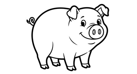 Cartoon illustration of a smiling pig with a curly tail, depicted in black and white outline.