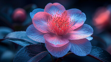 Close-up of a vibrant camellia flower in shades of pink, blue, and purple glowing against a dark background, with detailed symmetrical petals and space for copy