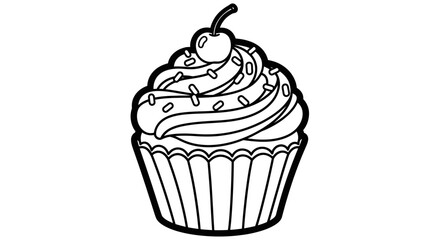 Sweet Cupcake with Cherry and Sprinkles, Line Art Outline for Coloring Book, Isolated White Background