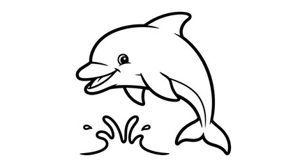A line drawing of a dolphin leaping out of the water, with splashes around it.
