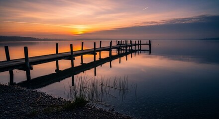 Tranquil Sunset Over Lake with Wooden Pier and Reflections