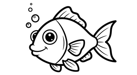 Cartoon illustration of a smiling goldfish swimming with bubbles, presented in black and white outline.