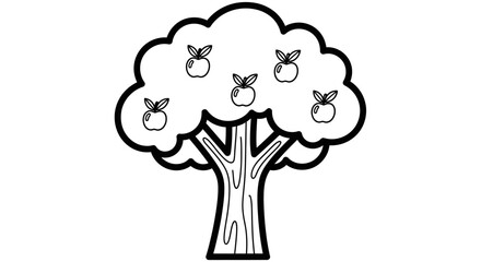 Simple black and white line drawing of an apple tree with five apples.