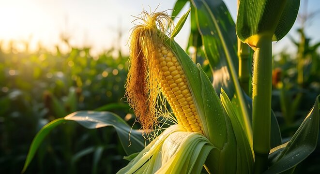 Ripe Corn Cob in Lush Green Field at Sunset.