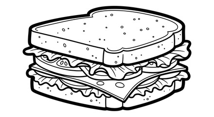 A delicious-looking, line-art drawing of a hearty sandwich filled with lettuce, tomato, and cheese.