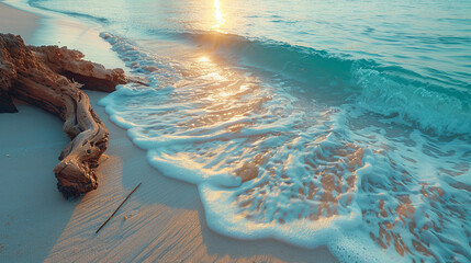 Natural coastal scene with windswept sand ripples and weathered driftwood, framed by a turquoise ocean in the distance under golden hour light for a warm inviting tone