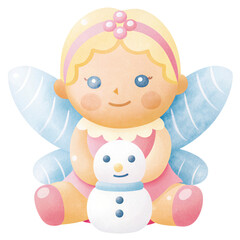 Fototapeta premium Cute fairy character holding a snowman toy.