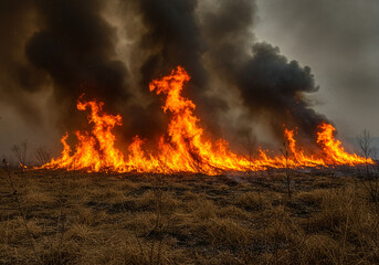 Naklejka premium Wildfire in Parched Grassland – Rapid Spread and Environmental Threat