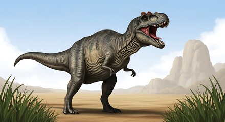 Obraz premium Tyrannosaurus Rex Dinosaur Roaring in Prehistoric Landscape.