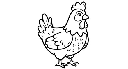 Black and white cartoon illustration of a hen.