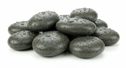 Pile of smooth black stones with dewdrops on white background  